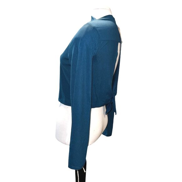 Band of the Free Open Back Ribbed High Neck Blouse Sz Medium Long Sleeve Teal - Picture 7 of 7